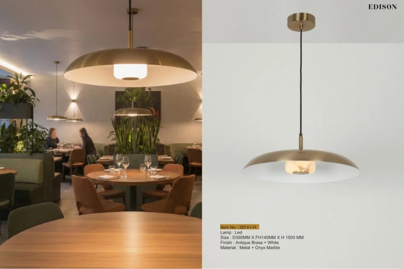A brass dish pendant over a restaurant table, from the hanging lights catalogue