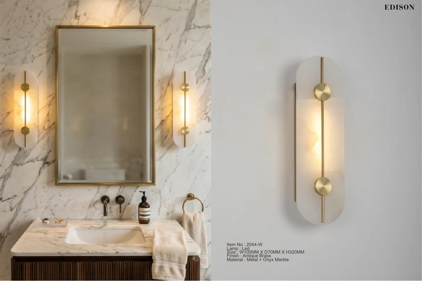 Onyx wall lights either side of a bathroom mirror, from the wall light catalogue