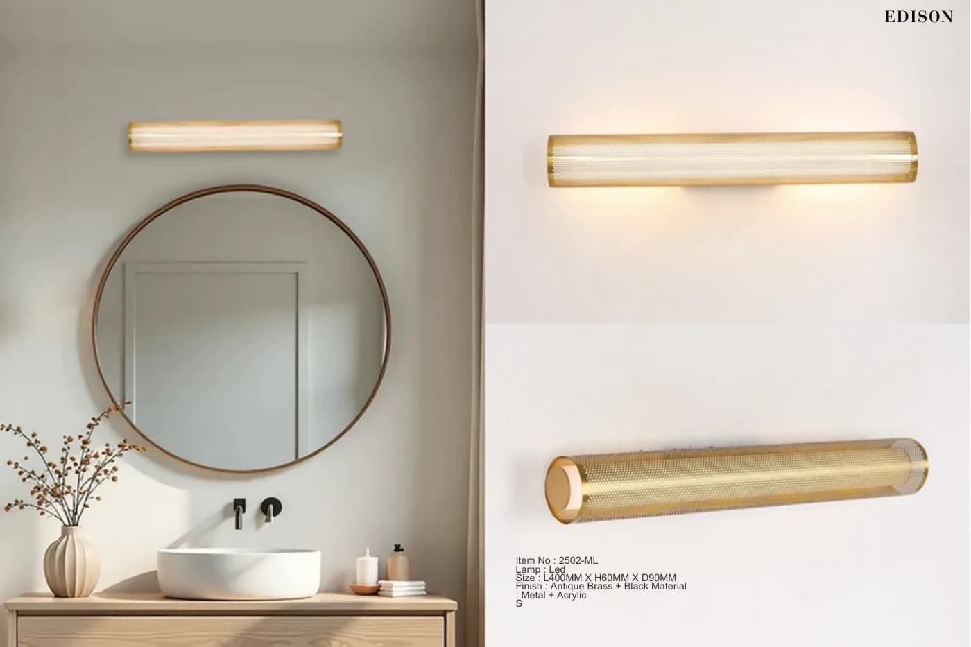 A brass bar light above a round bathroom mirror, from the wall and mirror catalogue
