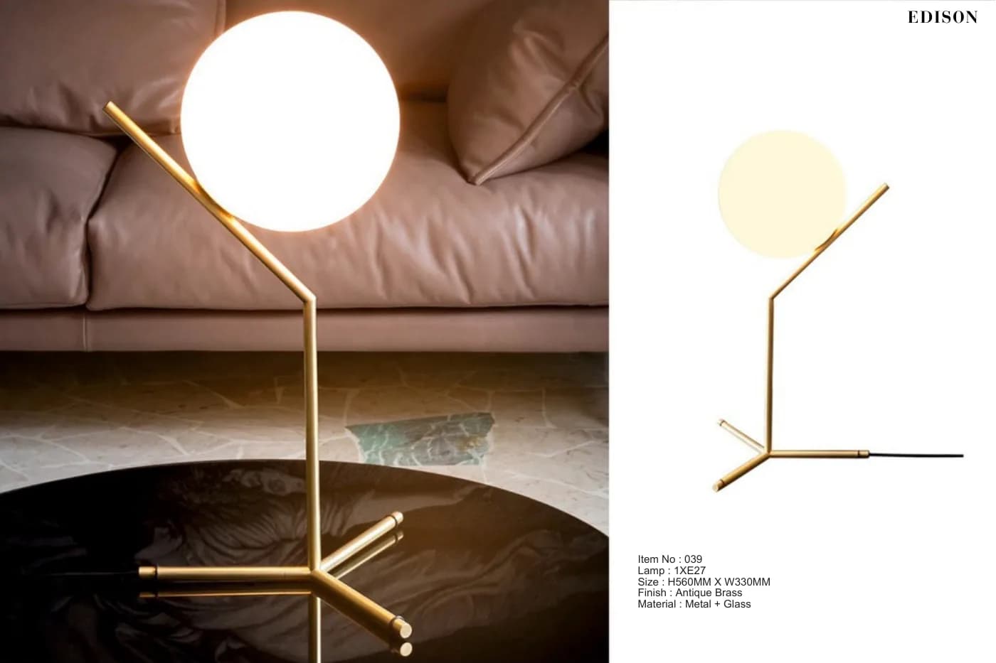 A brass table lamp with a glass globe, from the floor and table catalogue