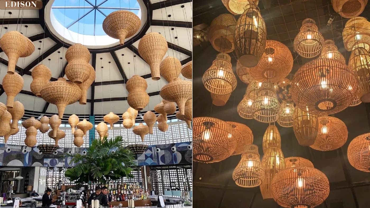 Cane pendants over a hospitality interior, from the cane catalogue