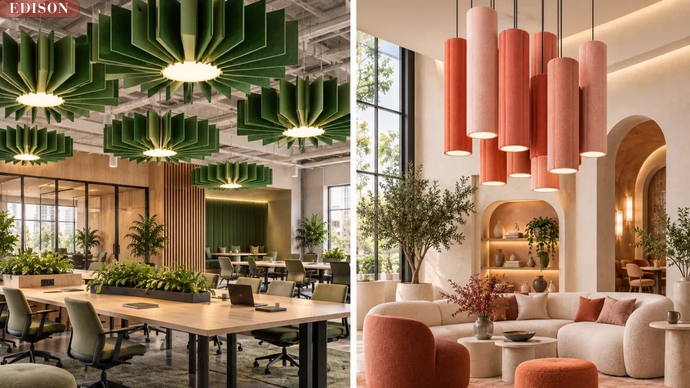 Acoustic baffles and pendants over workplace tables, from the acoustic catalogue