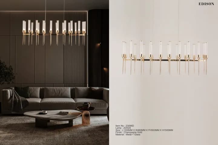 A linear crystal chandelier over a living room