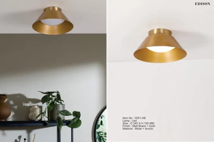 A brass close-to-ceiling light