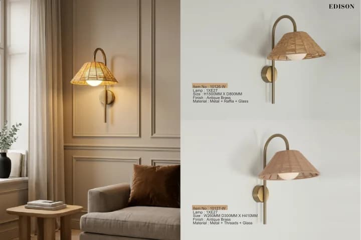 Curved-arm wall lamps with raffia and thread shades