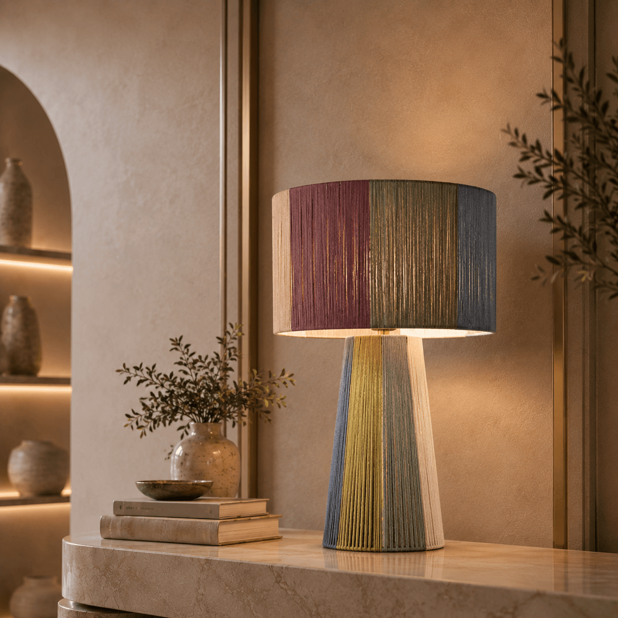 Woven Tossa pendants over a café counter, from the Tossa catalogue