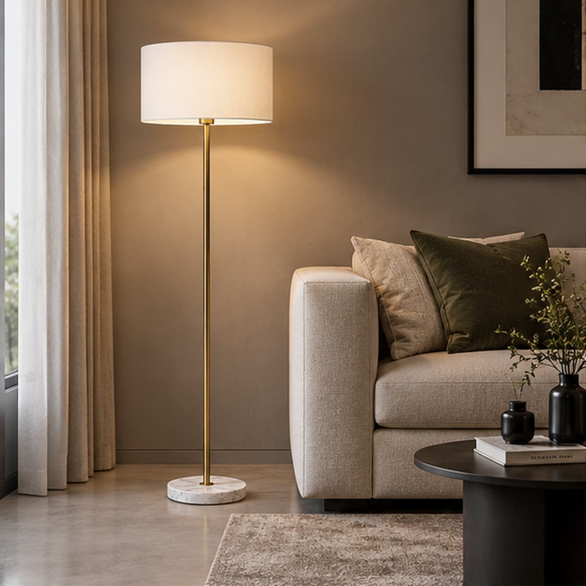 Brass Arc Floor Lamp with Pleated Shade