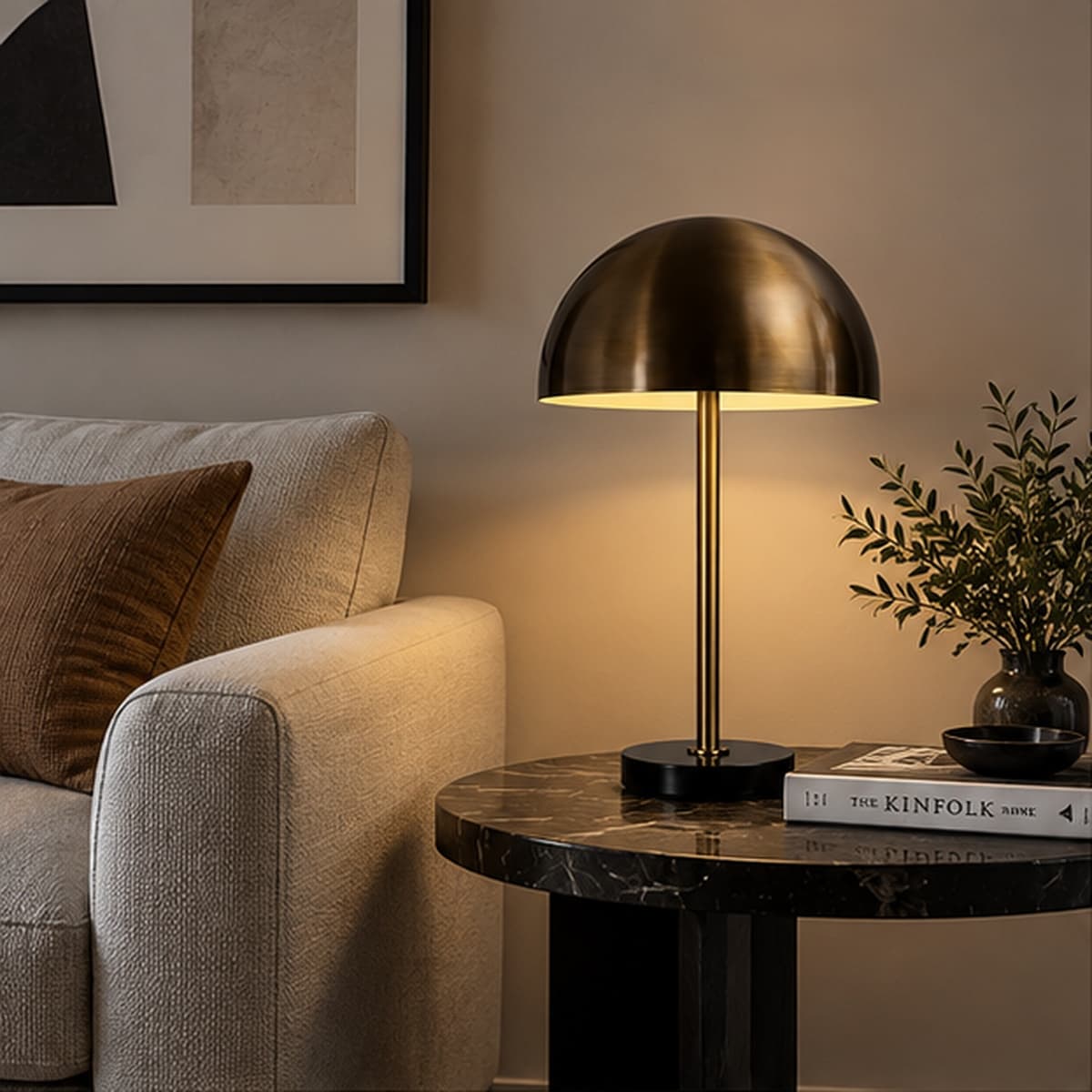 Brass Dome Table Lamp with White Marble Base