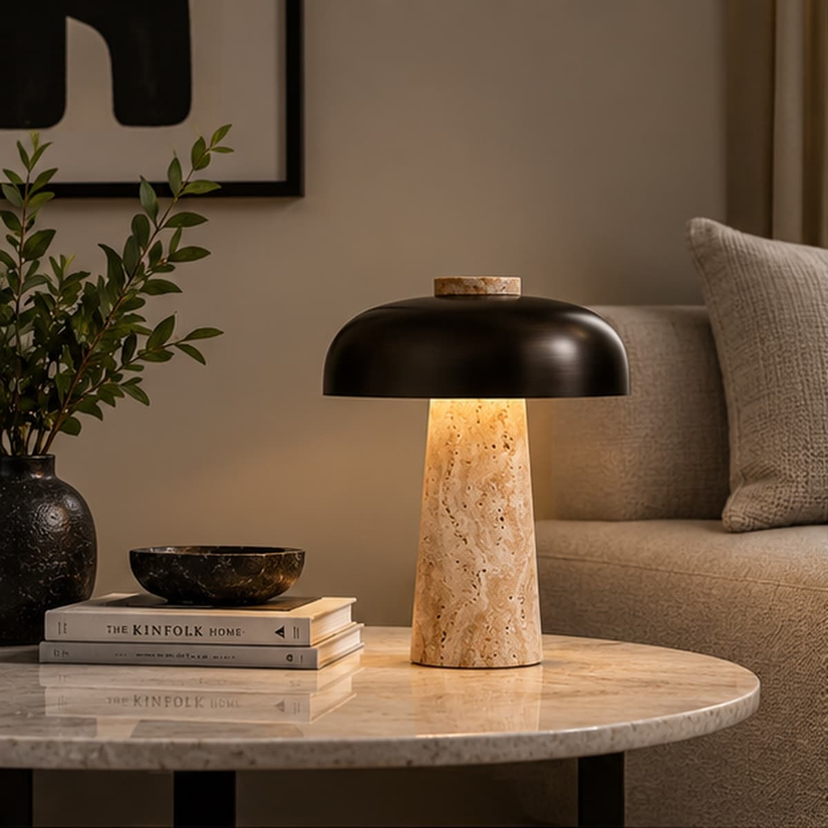 Travertine Base Black Metal Table Lamp