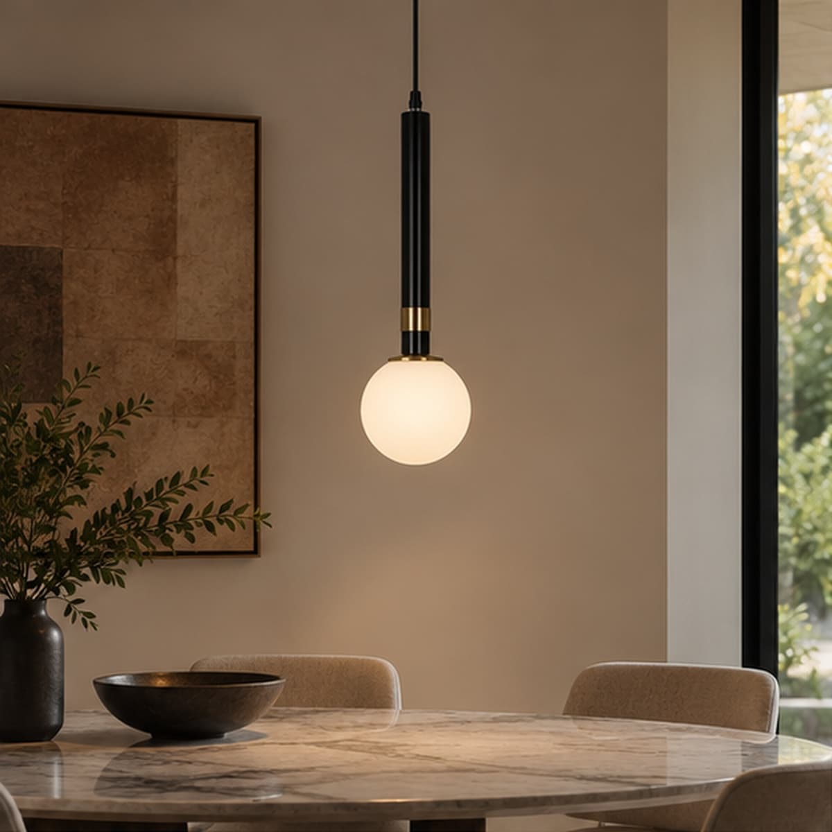 Modern Cylindrical Brass Pendant Light with Opal Glass Globe