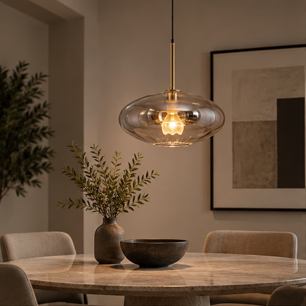 Fluted Glass Pendant Light with Brass Finial