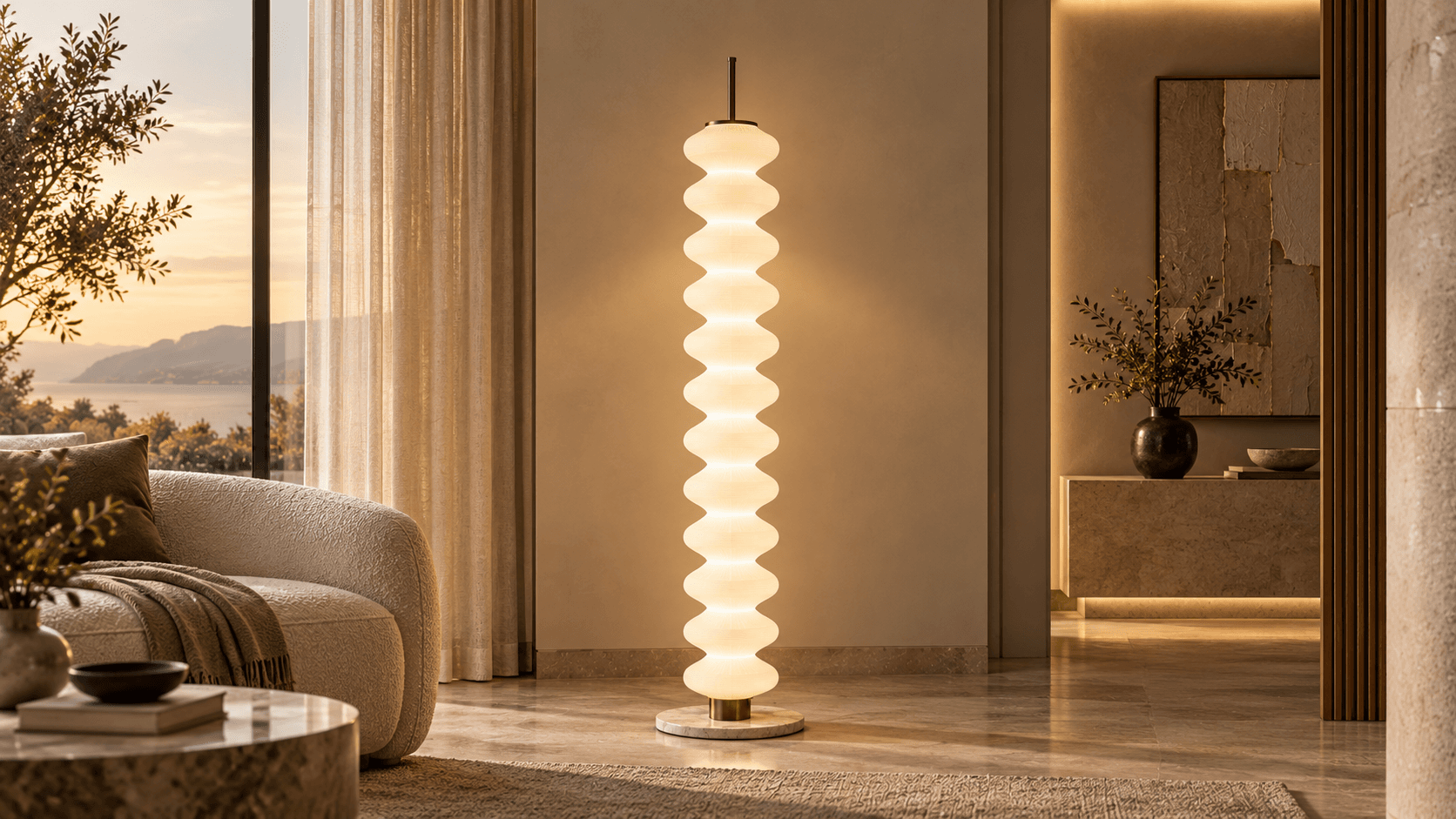 A floor lamp with a fabric shade beside an armchair, from the floor and table catalogue