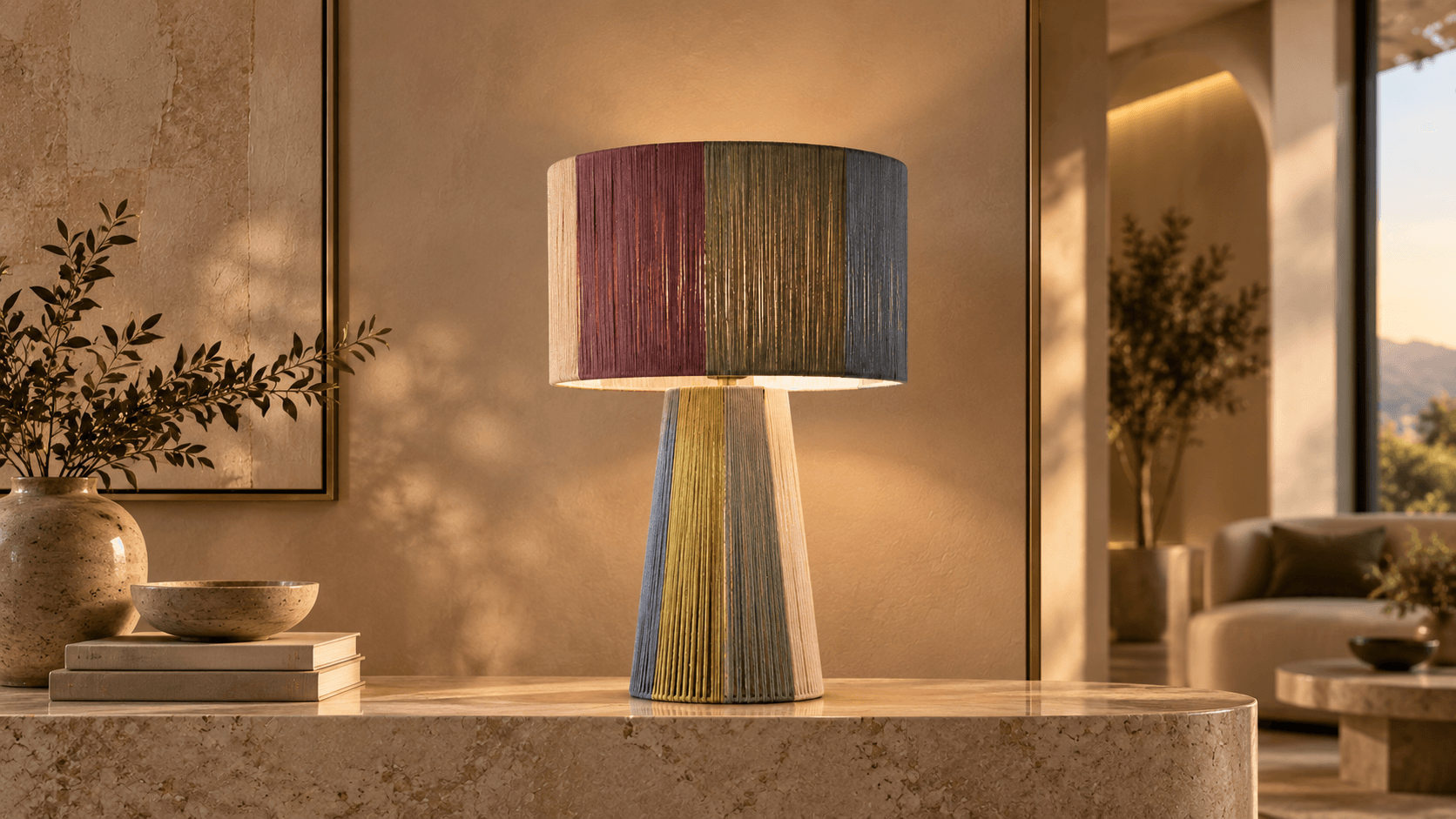 Woven Tossa pendants over a café counter, from the Tossa catalogue