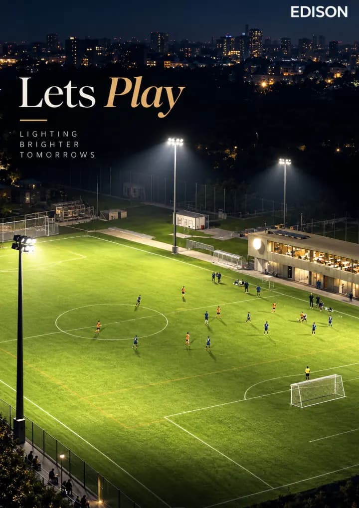 A floodlit sports field at dusk