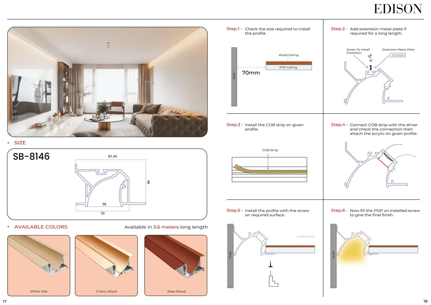 SB-8146 cove and skirting profiles with installation drawings