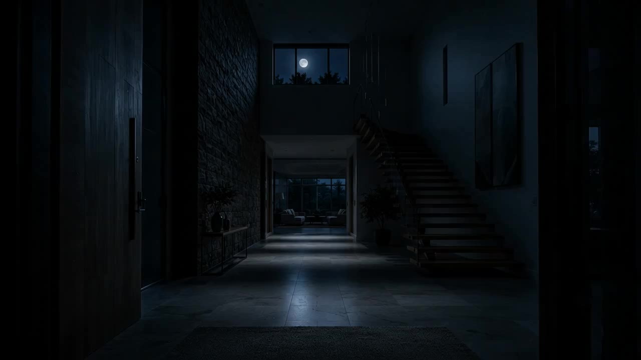 A dark entrance moments before its lighting comes up