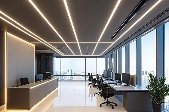 Modern corporate office workspace featuring suspended LED linear lighting fixtures by Edison Lighting